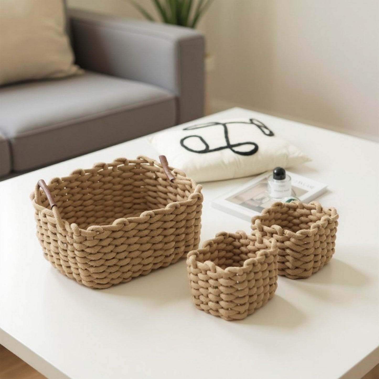 Anna-Kaci Set of 3 Braided Rope Storage Baskets with Reinforced Handles