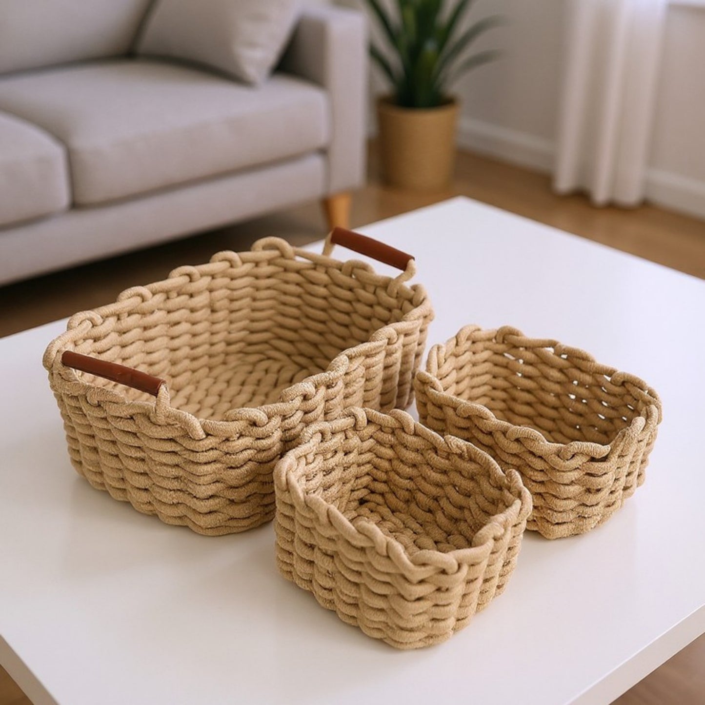 Anna-Kaci Set of 3 Braided Rope Storage Baskets with Reinforced Handles