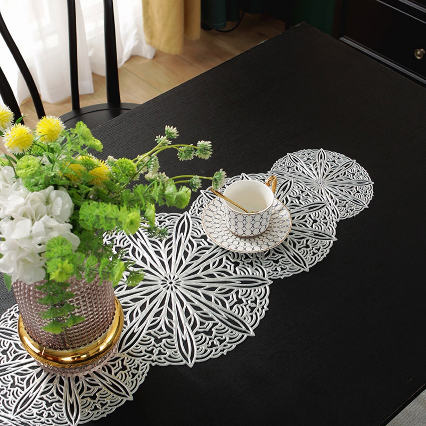 Anna-Kaci Decorative Floral Lace Table Mat with Layered Circular Design