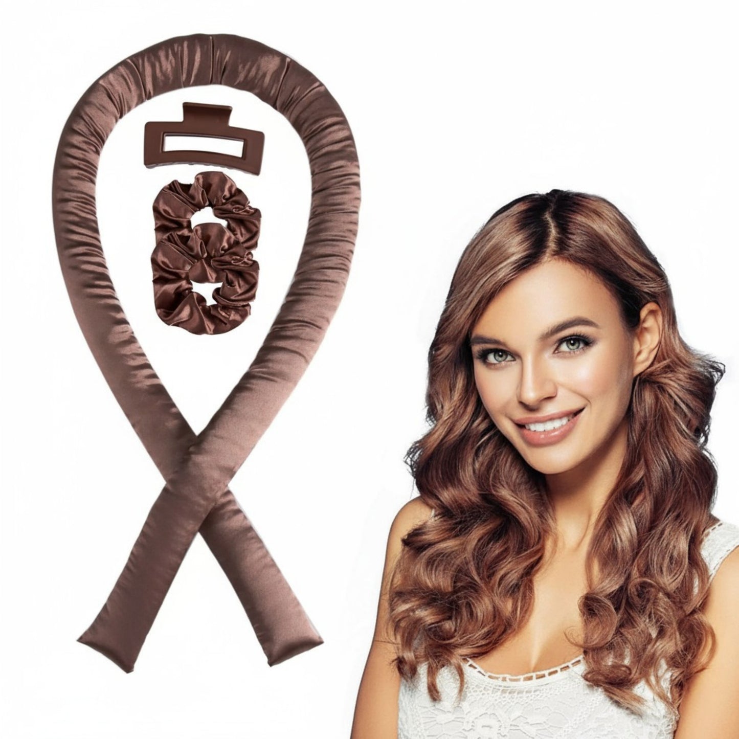 Anna-Kaci No-Heat Curling Ribbon Set with Satin Scrunchies and Hair Clip