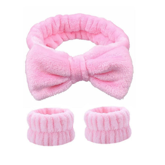 Anna-Kaci Plush Bow Spa Headband and Wristband Set for Face Washing and Skincare