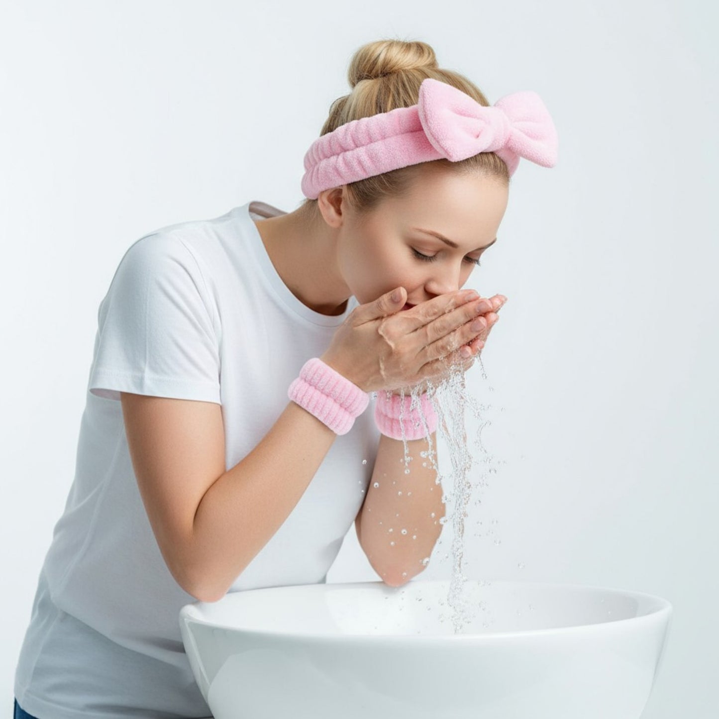 Anna-Kaci Plush Bow Spa Headband and Wristband Set for Face Washing and Skincare