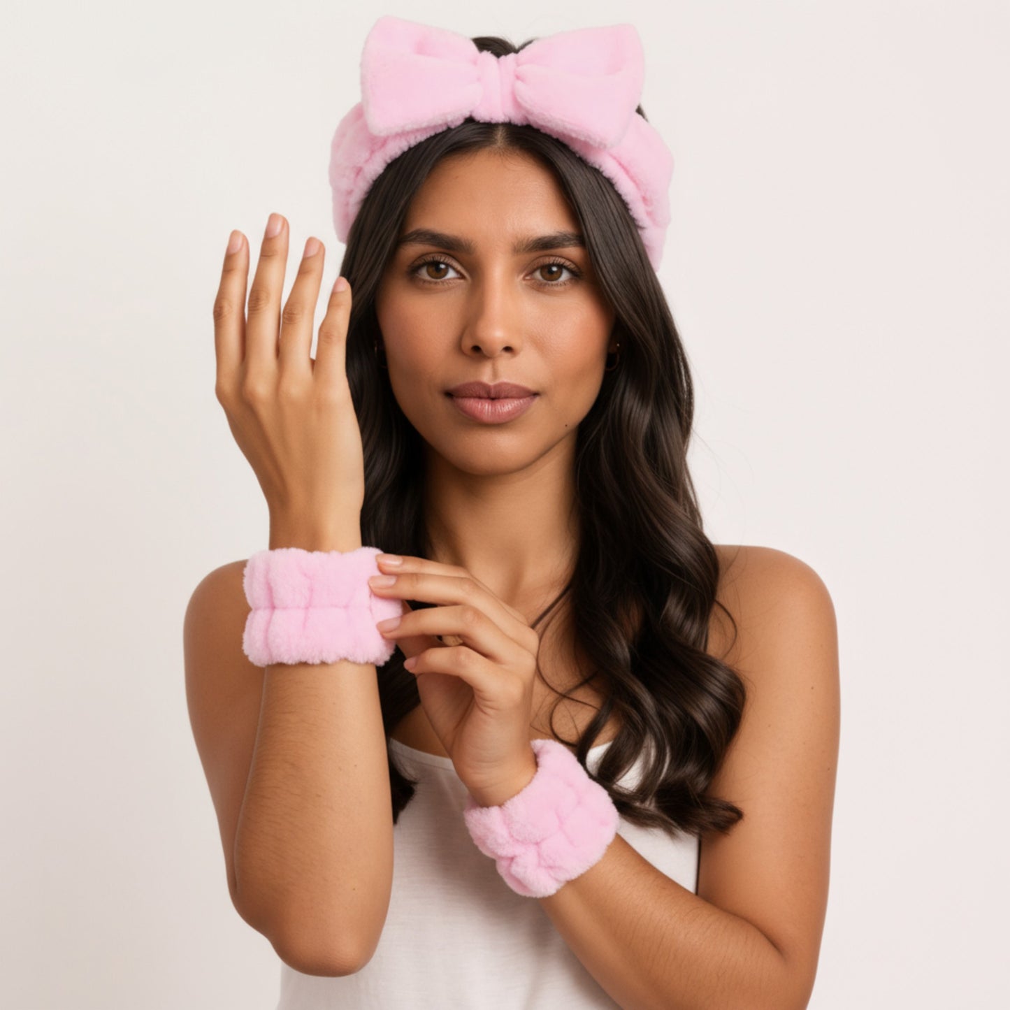 Anna-Kaci Plush Bow Spa Headband and Wristband Set for Face Washing and Skincare