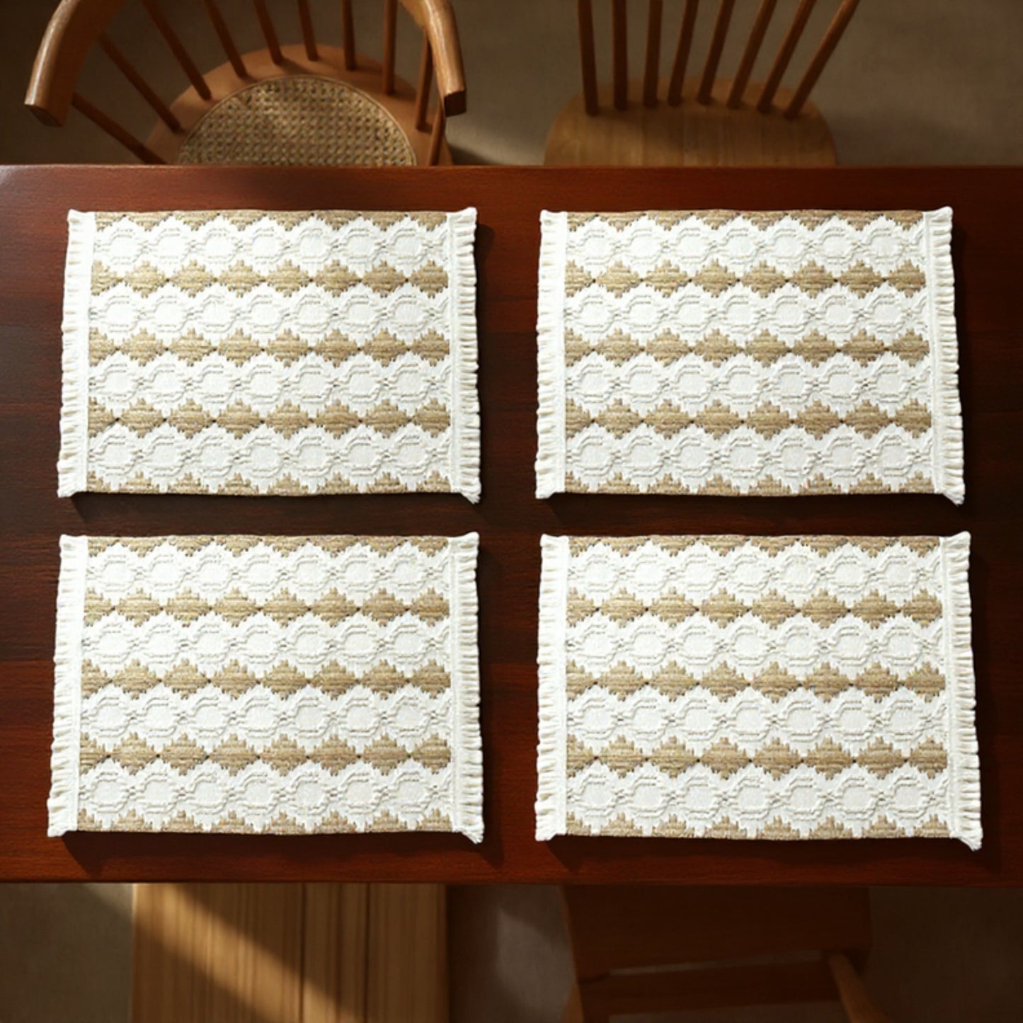 Anna-Kaci Set of 2 Woven Cotton Placemats with Fringe Edges for Dining Table