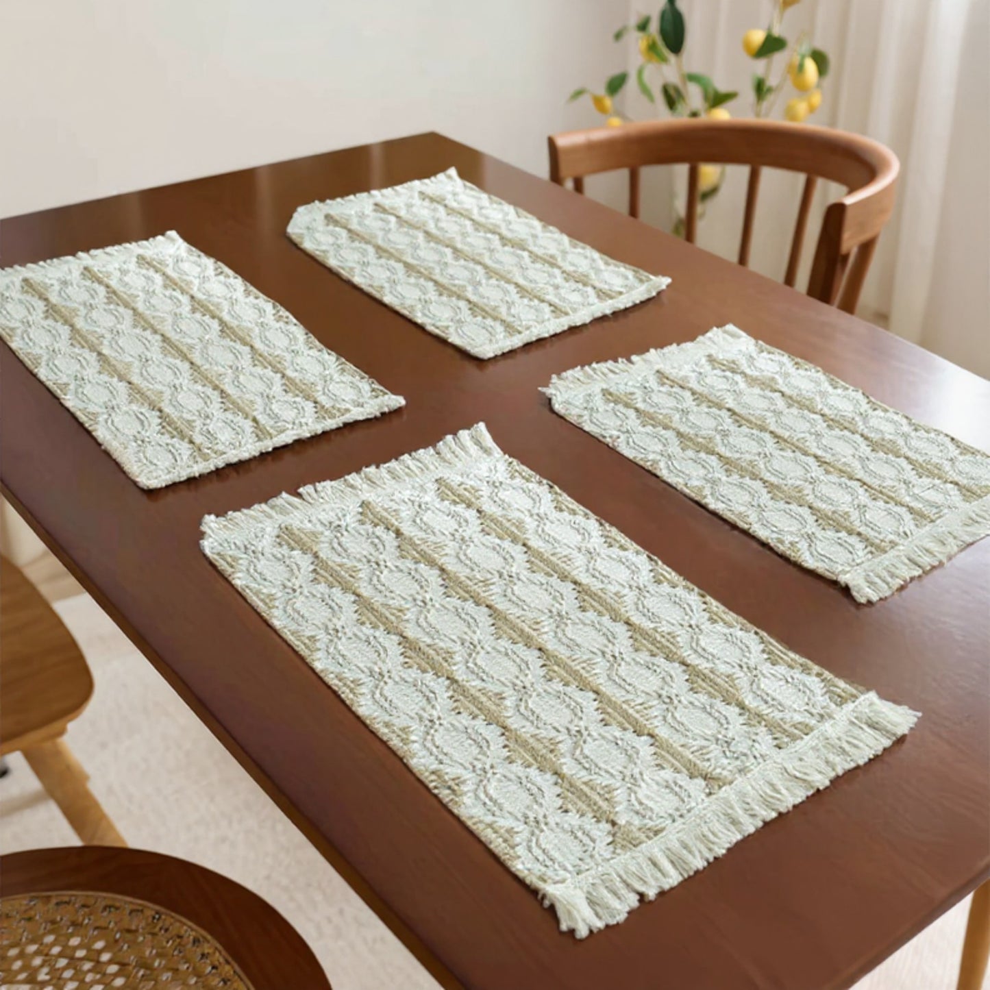 Anna-Kaci Set of 2 Woven Cotton Placemats with Fringe Edges for Dining Table