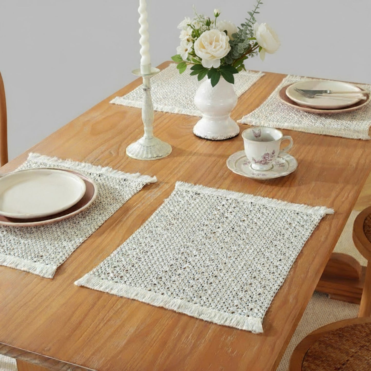 Anna-Kaci Set of 2 Woven Cotton Placemats with Fringe Edges for Dining Table