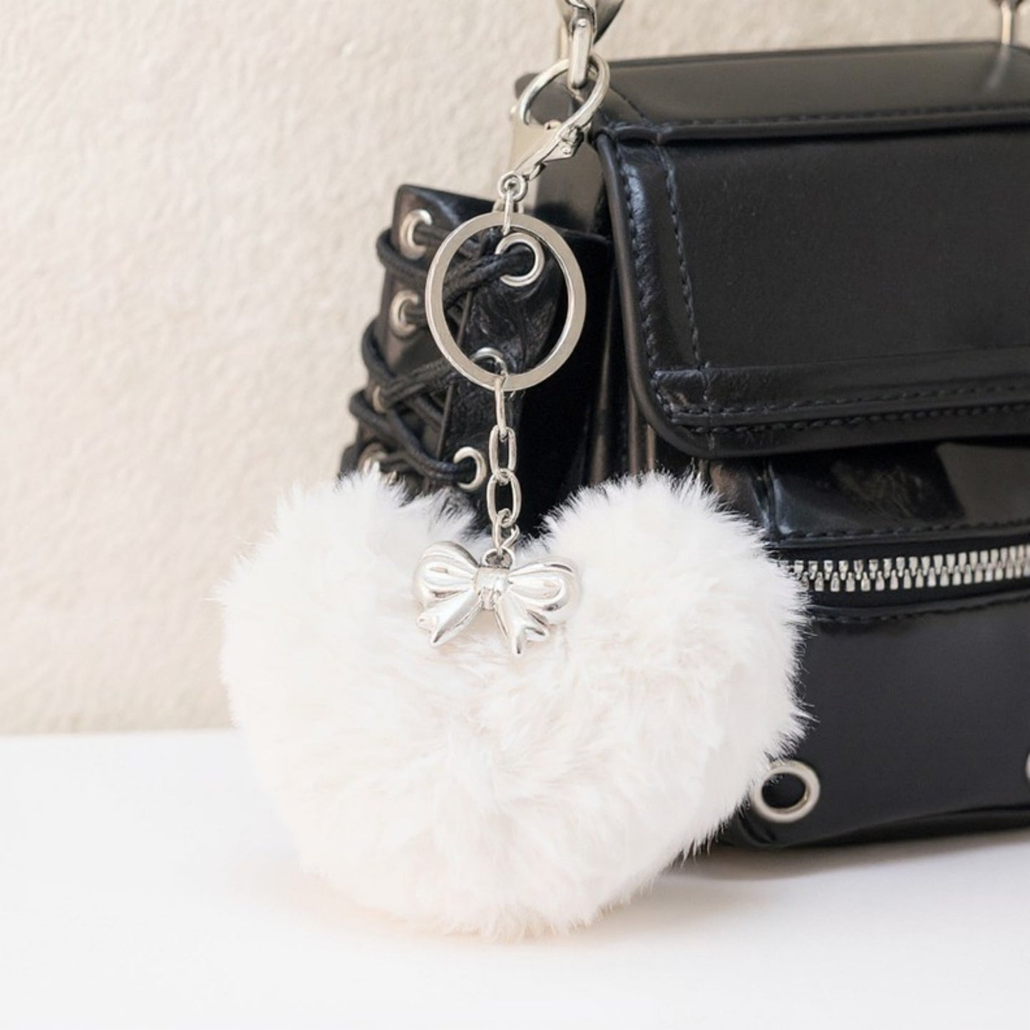 Anna-Kaci Plush Heart Keychain with Bow Detail and Metal Clip
