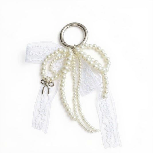 Anna-Kaci Pearl and Lace Bow Keychain with Silver Ring and Charm Accent