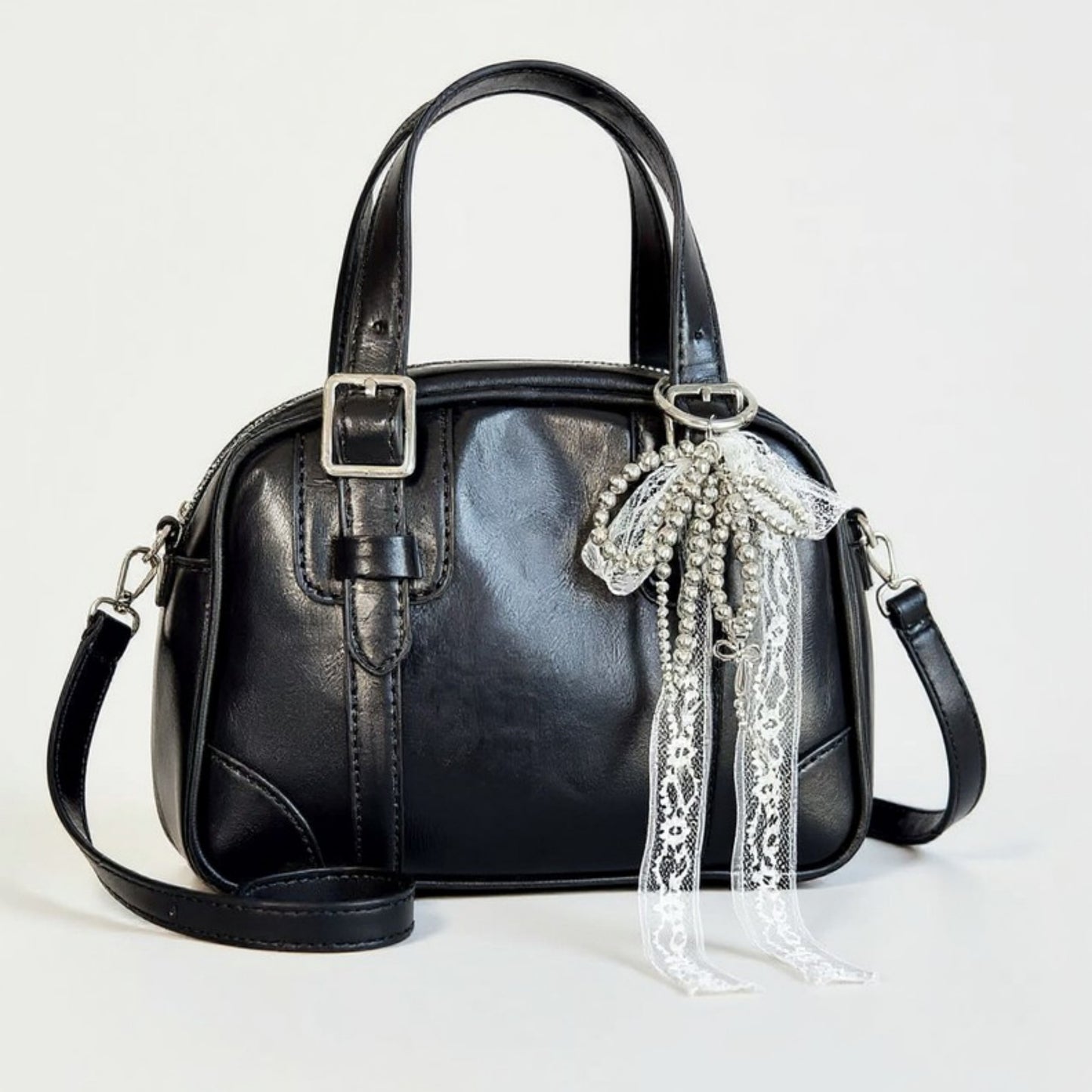 Anna-Kaci Pearl and Lace Bow Keychain with Silver Ring and Charm Accent