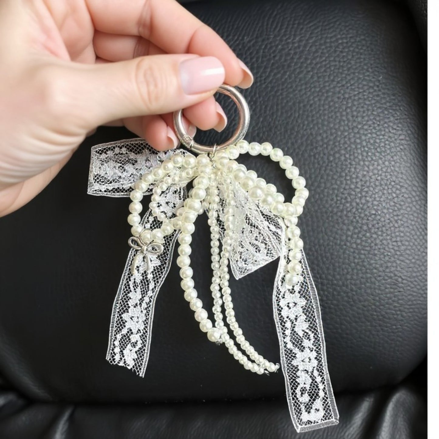 Anna-Kaci Pearl and Lace Bow Keychain with Silver Ring and Charm Accent