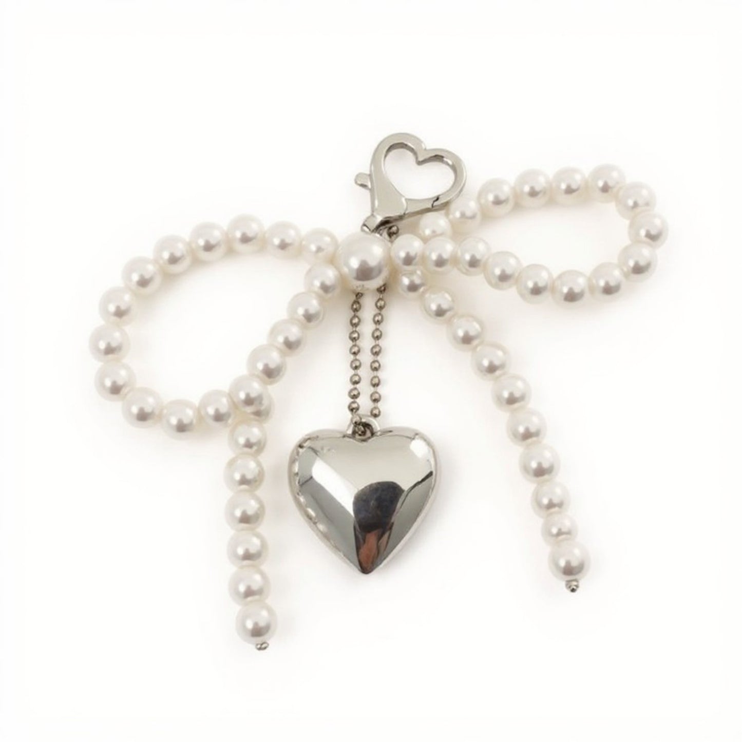 Anna-Kaci Pearl Beaded Bow Keychain with Silver Heart Charm and Heart Clip