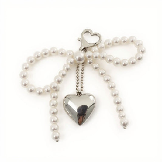 Anna-Kaci Pearl Beaded Bow Keychain with Silver Heart Charm and Heart Clip