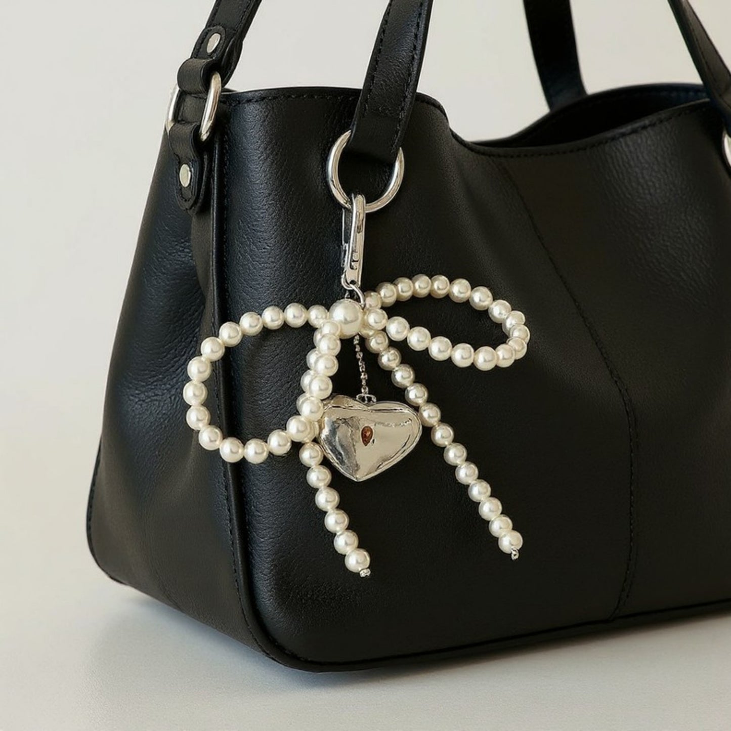 Anna-Kaci Pearl Beaded Bow Keychain with Silver Heart Charm and Heart Clip