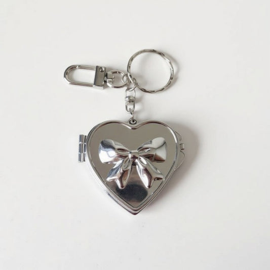 Anna-Kaci Silver Heart Locket Keychain with 3D Bow Detail and Clasp Ring
