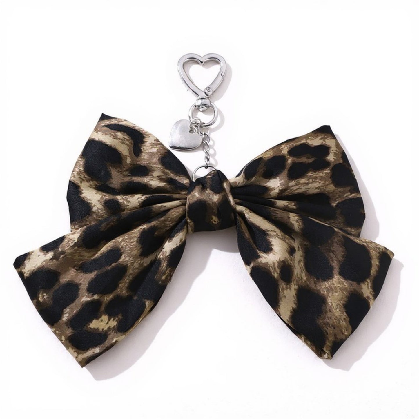 Anna-Kaci Leopard Print Fabric Bow Keychain with Silver Heart Clip Charm