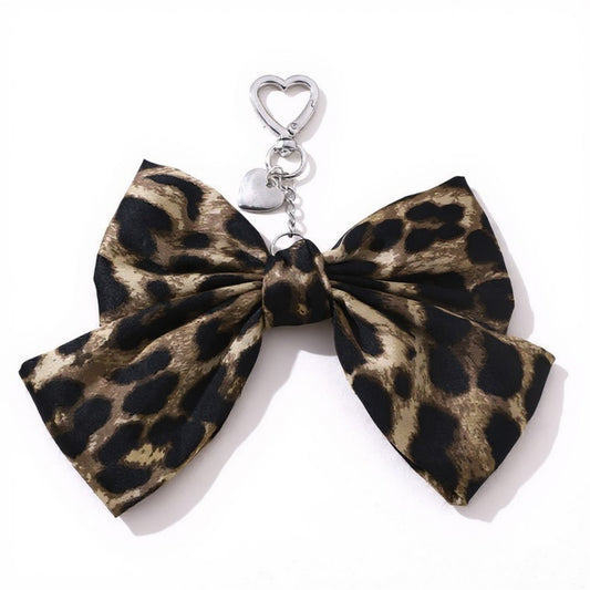 Anna-Kaci Leopard Print Fabric Bow Keychain with Silver Heart Clip Charm