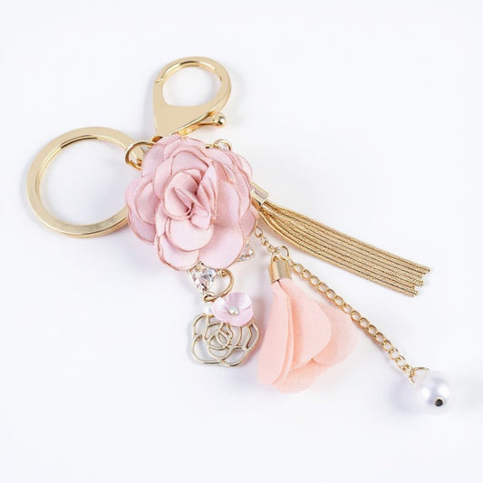 Anna-Kaci Pink Flower Tassel Keychain with Pearl Accent and Gold Metal Details