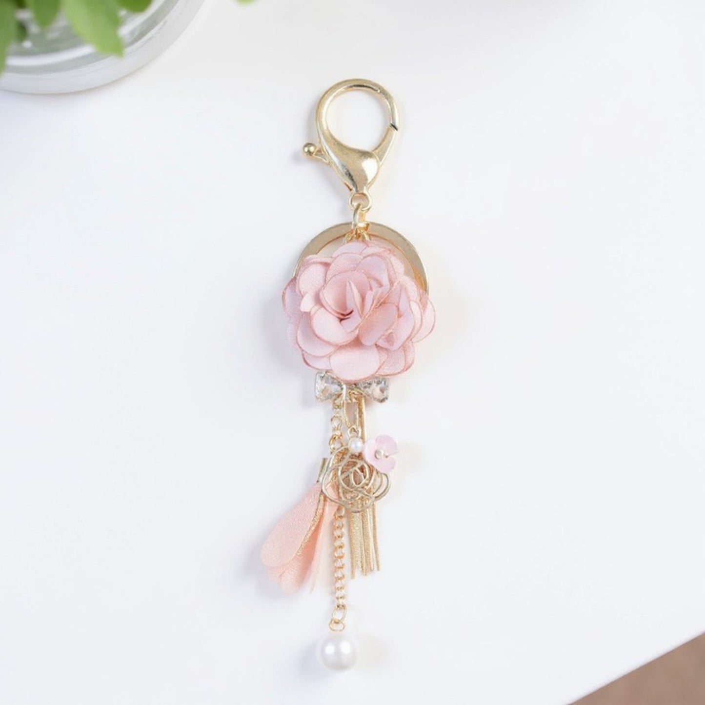 Anna-Kaci Pink Flower Tassel Keychain with Pearl Accent and Gold Metal Details