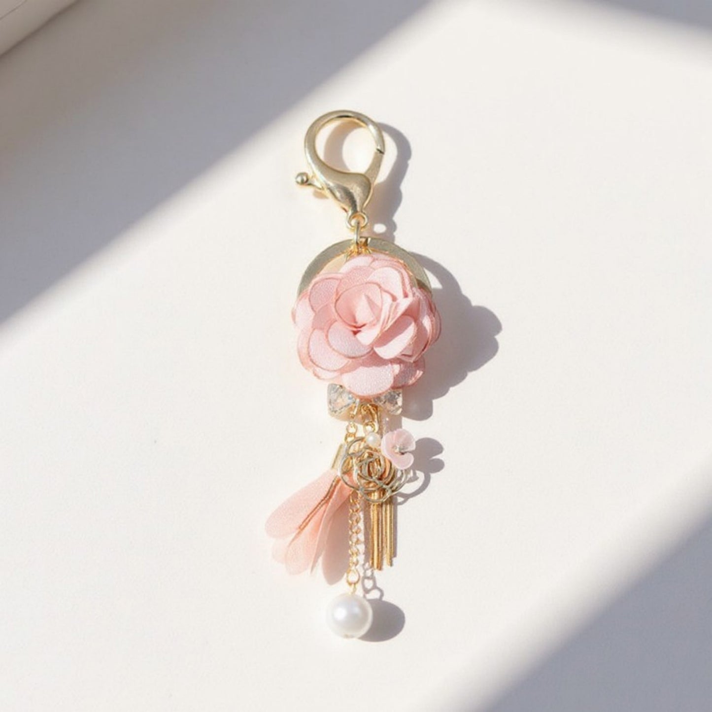 Anna-Kaci Pink Flower Tassel Keychain with Pearl Accent and Gold Metal Details