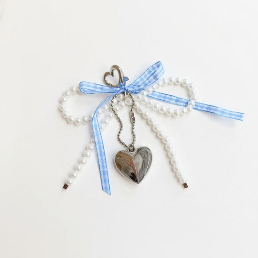 Anna-Kaci Ribbon Pearl Bow Keychain with Silver Heart Charm and Gingham Accent