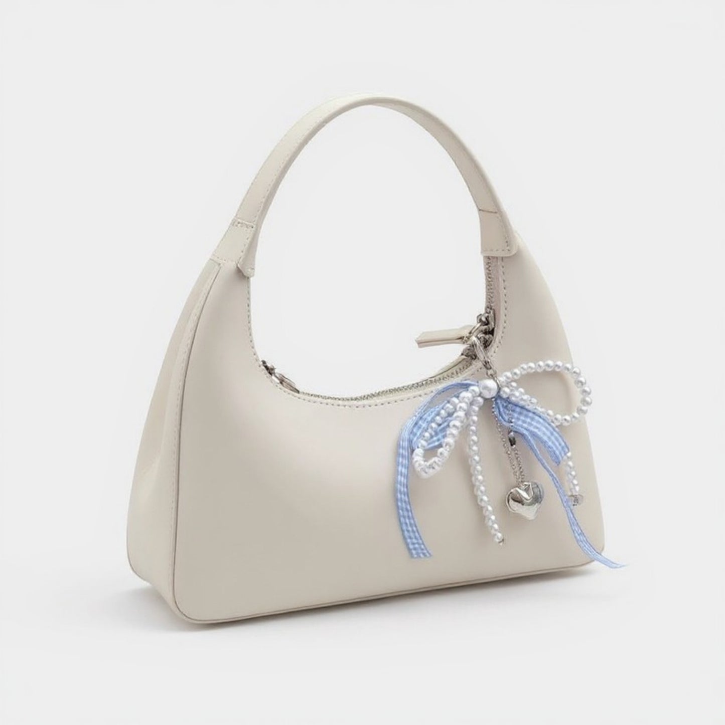 Anna-Kaci Ribbon Pearl Bow Keychain with Silver Heart Charm and Gingham Accent