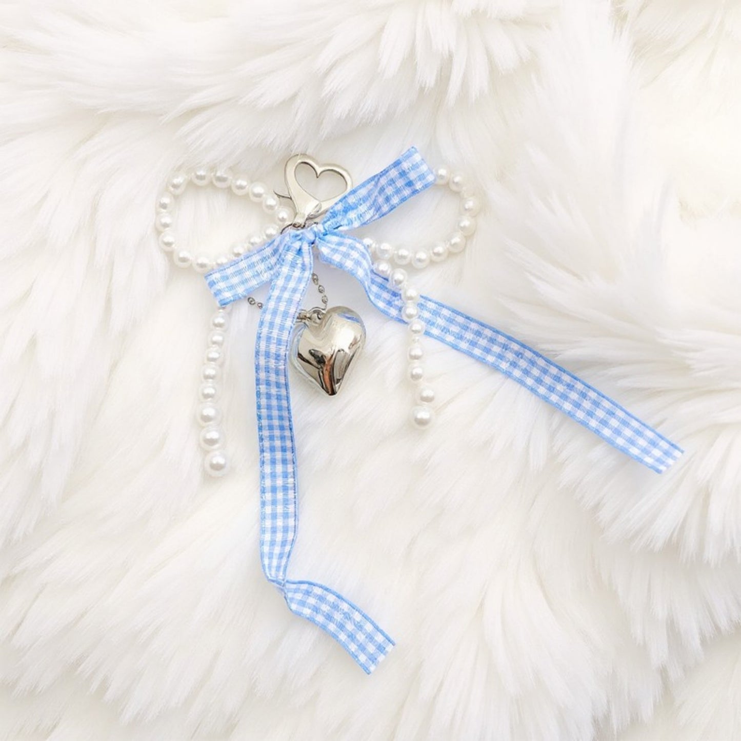 Anna-Kaci Ribbon Pearl Bow Keychain with Silver Heart Charm and Gingham Accent