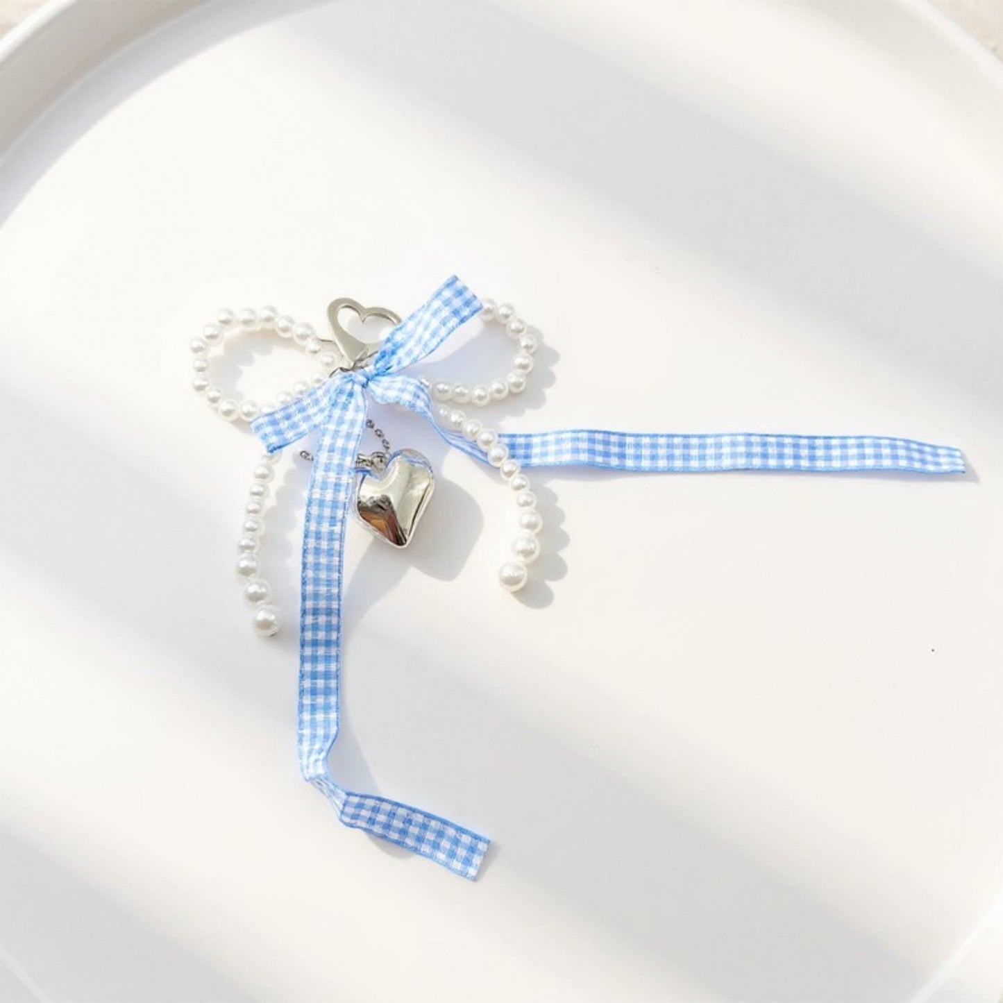 Anna-Kaci Ribbon Pearl Bow Keychain with Silver Heart Charm and Gingham Accent