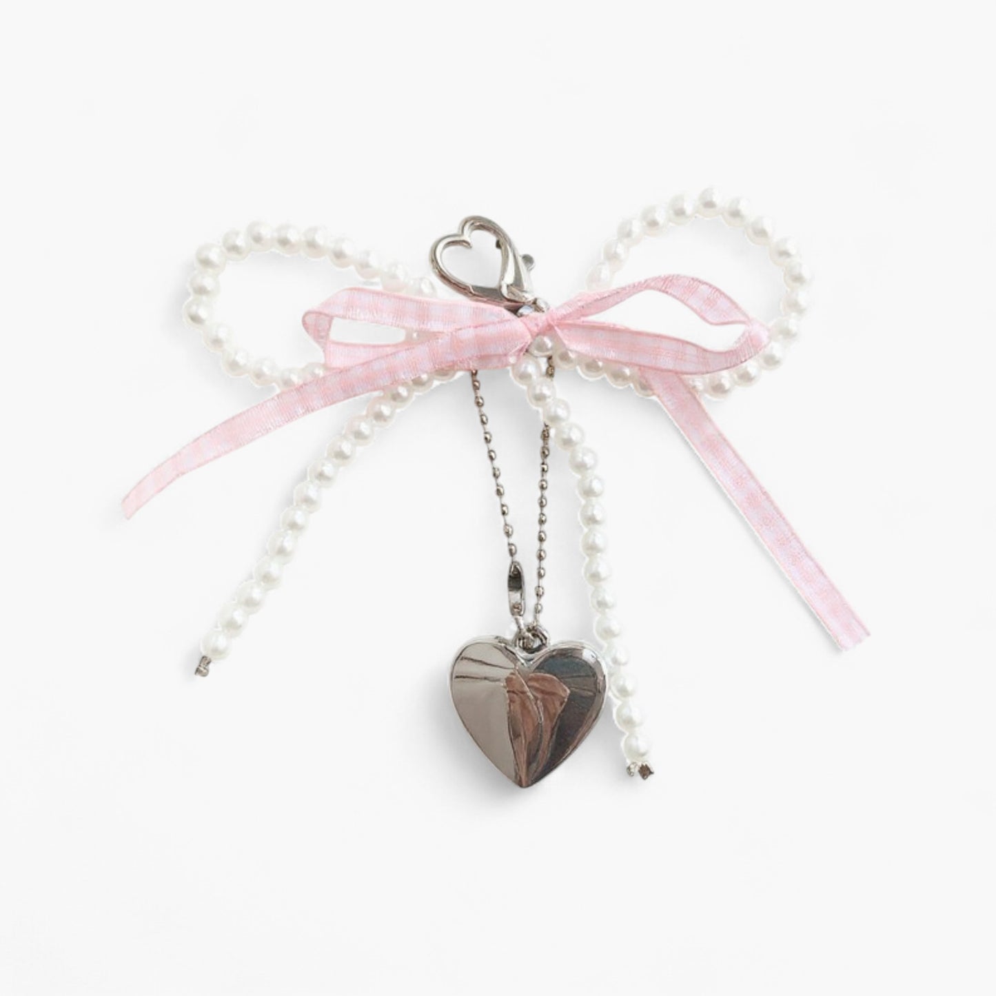 Anna-Kaci Ribbon Pearl Bow Keychain with Silver Heart Charm and Gingham Accent