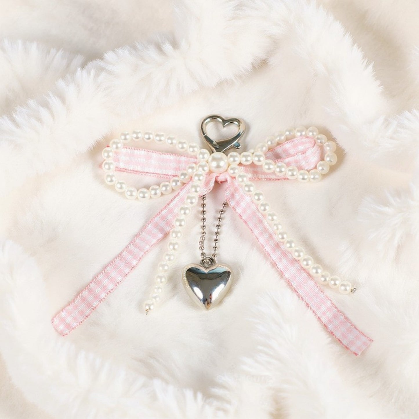 Anna-Kaci Ribbon Pearl Bow Keychain with Silver Heart Charm and Gingham Accent