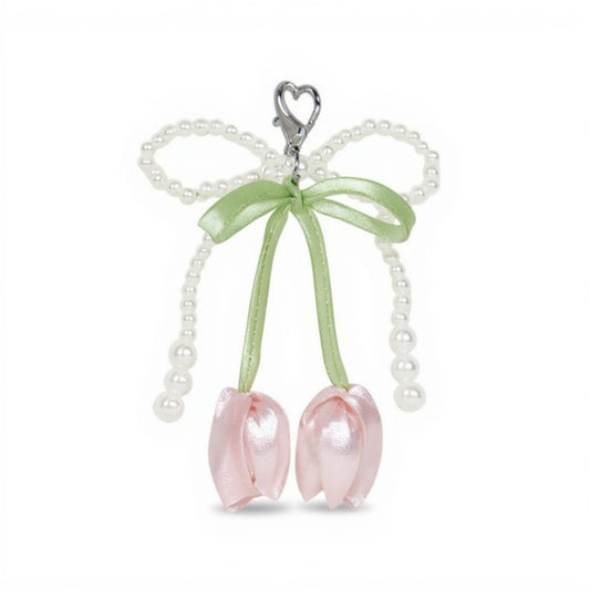 Anna-Kaci Pearl Bow Keychain with Satin Tulip Charms and Ribbon Accent