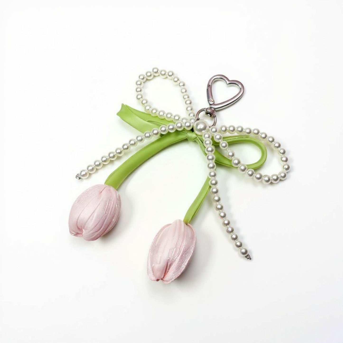 Anna-Kaci Pearl Bow Keychain with Satin Tulip Charms and Ribbon Accent
