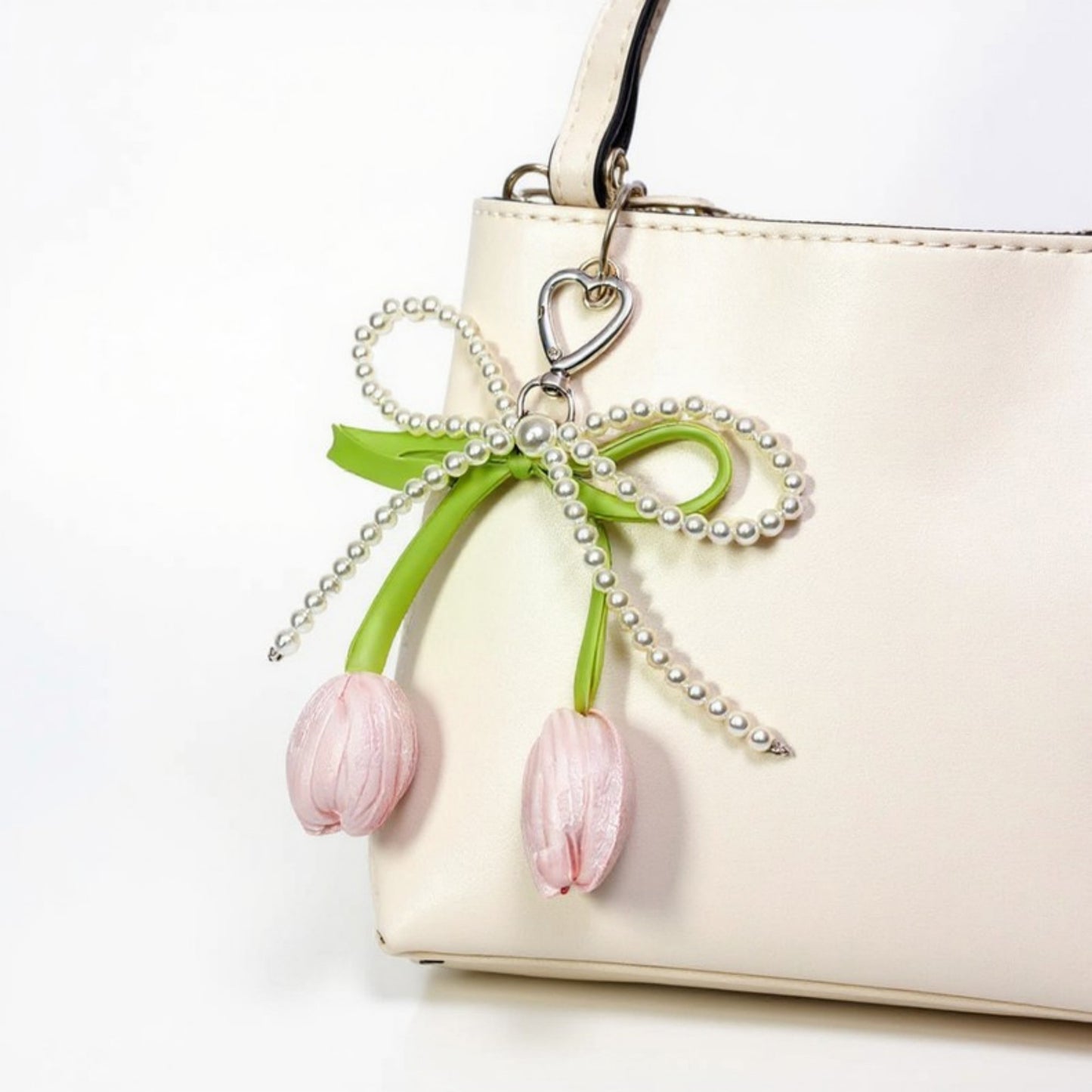 Anna-Kaci Pearl Bow Keychain with Satin Tulip Charms and Ribbon Accent