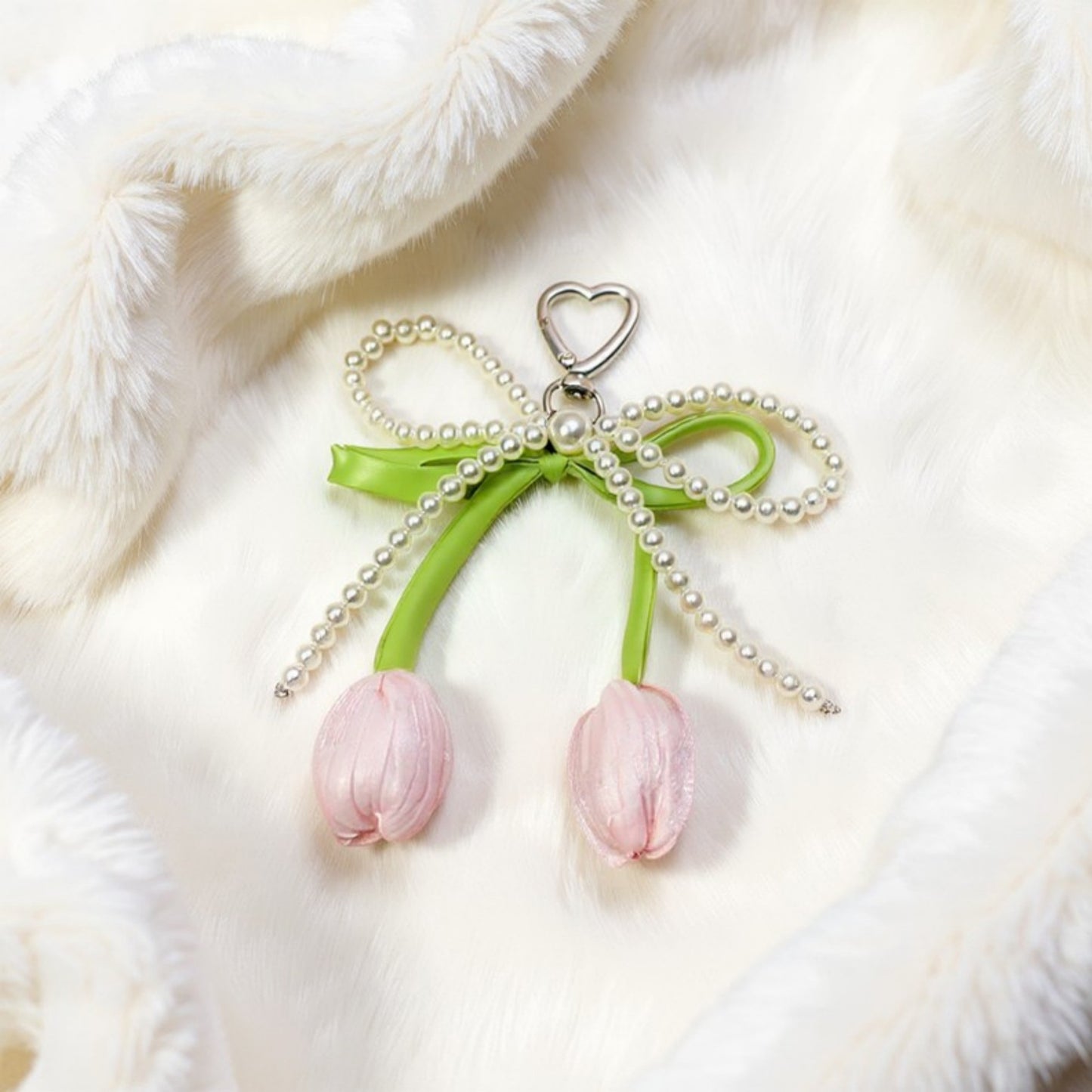 Anna-Kaci Pearl Bow Keychain with Satin Tulip Charms and Ribbon Accent
