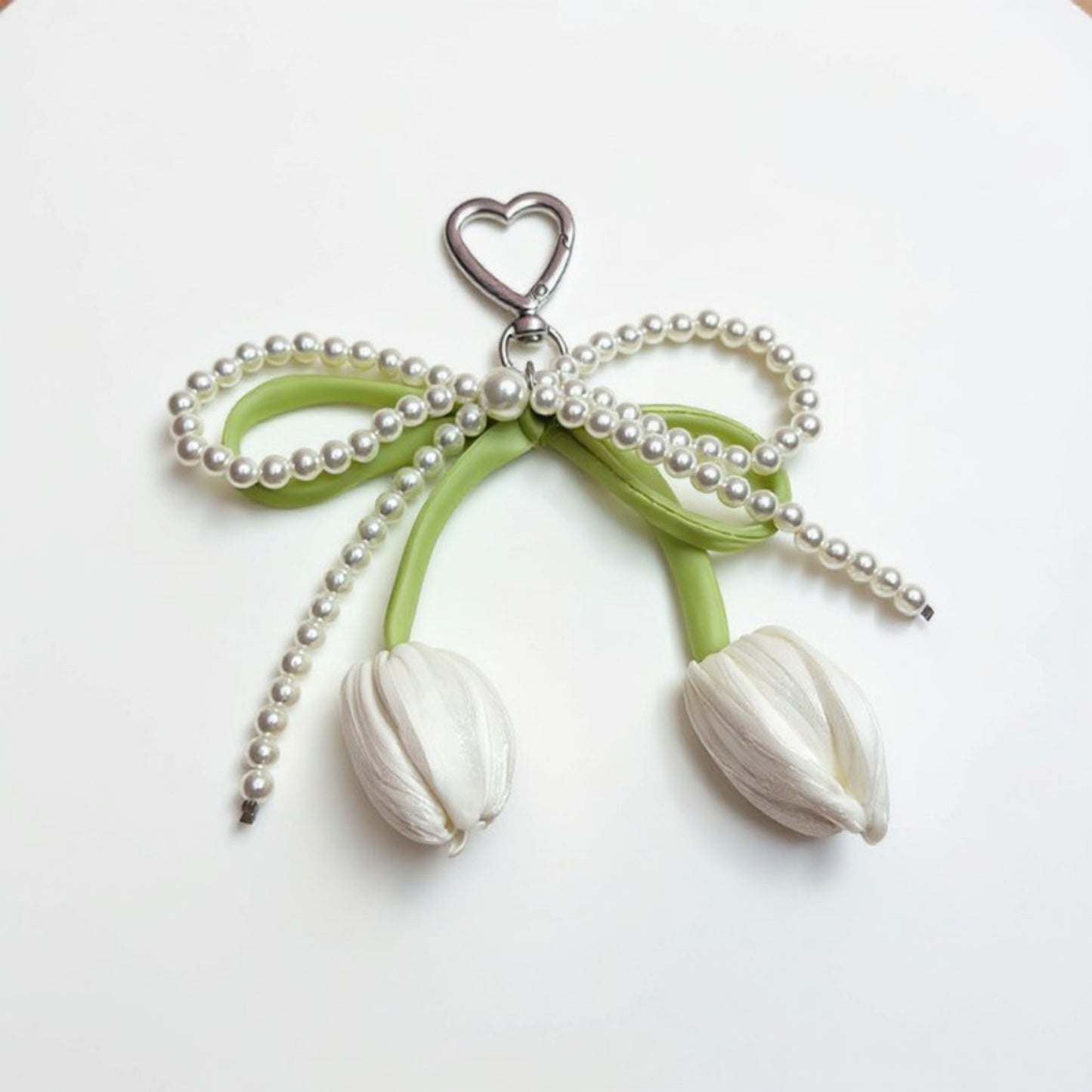 Anna-Kaci Pearl Bow Keychain with Satin Tulip Charms and Ribbon Accent