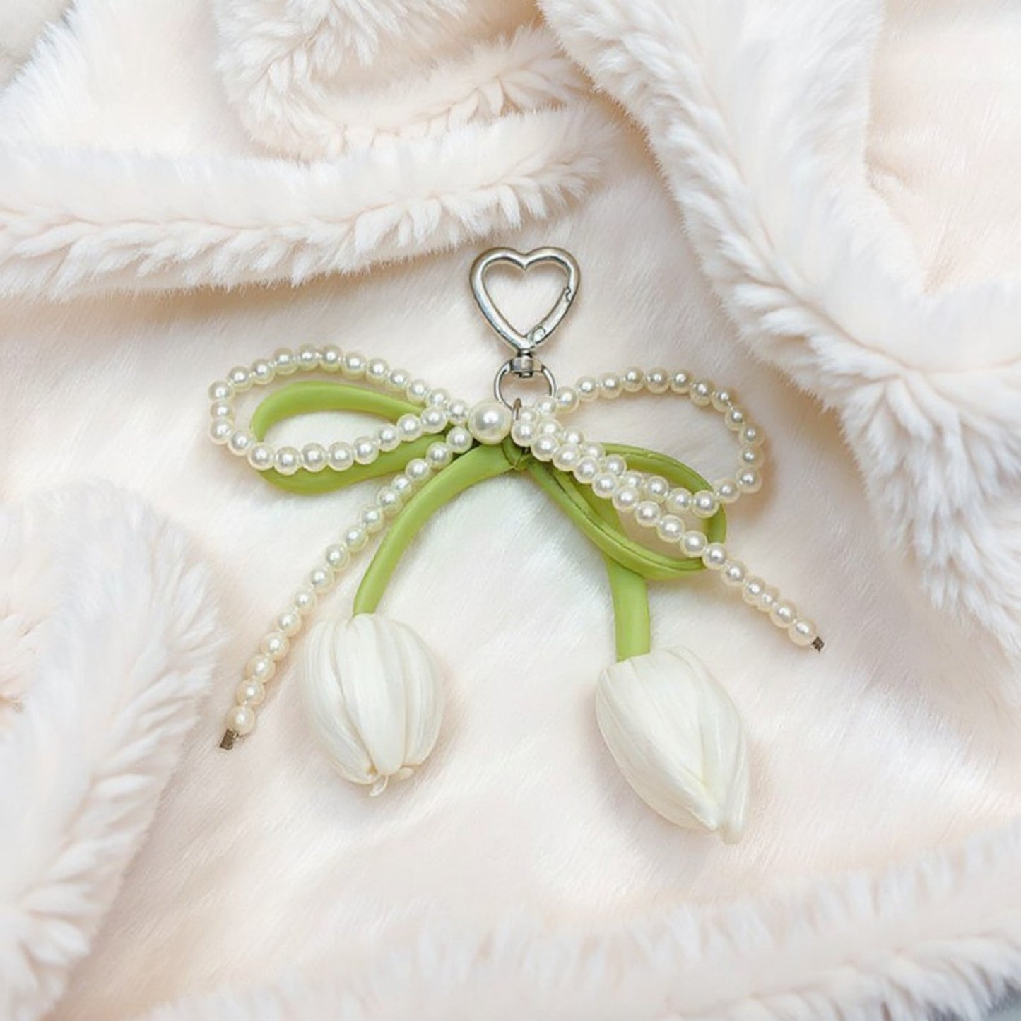 Anna-Kaci Pearl Bow Keychain with Satin Tulip Charms and Ribbon Accent