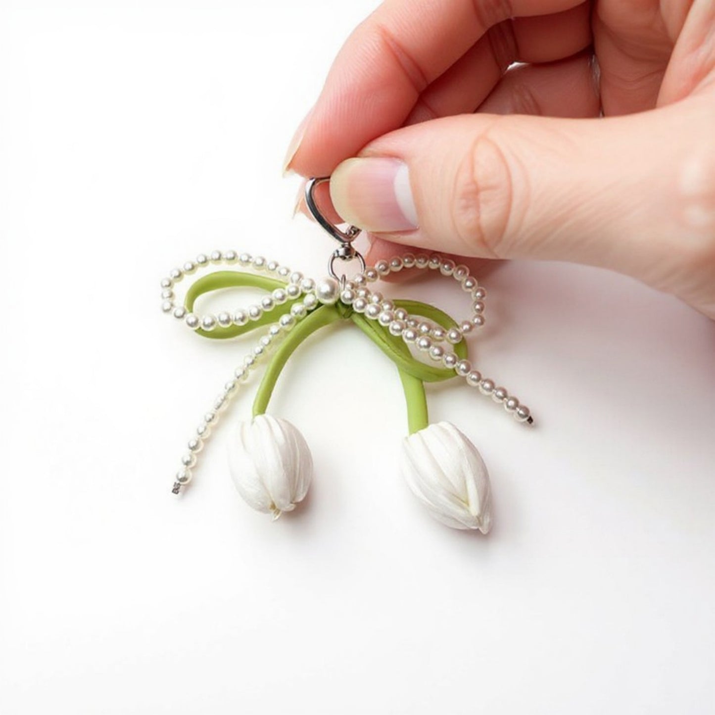 Anna-Kaci Pearl Bow Keychain with Satin Tulip Charms and Ribbon Accent