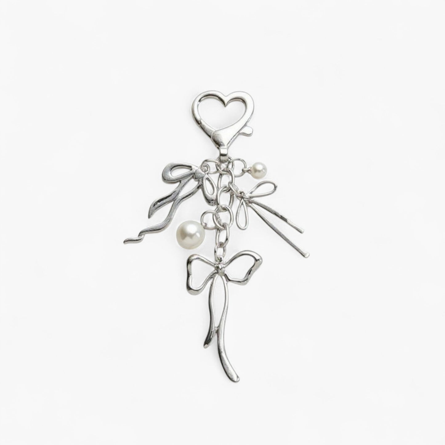 Anna-Kaci Silver Bow Keychain with Pearl Charms and Heart Clasp Accent