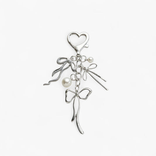 Anna-Kaci Silver Bow Keychain with Pearl Charms and Heart Clasp Accent