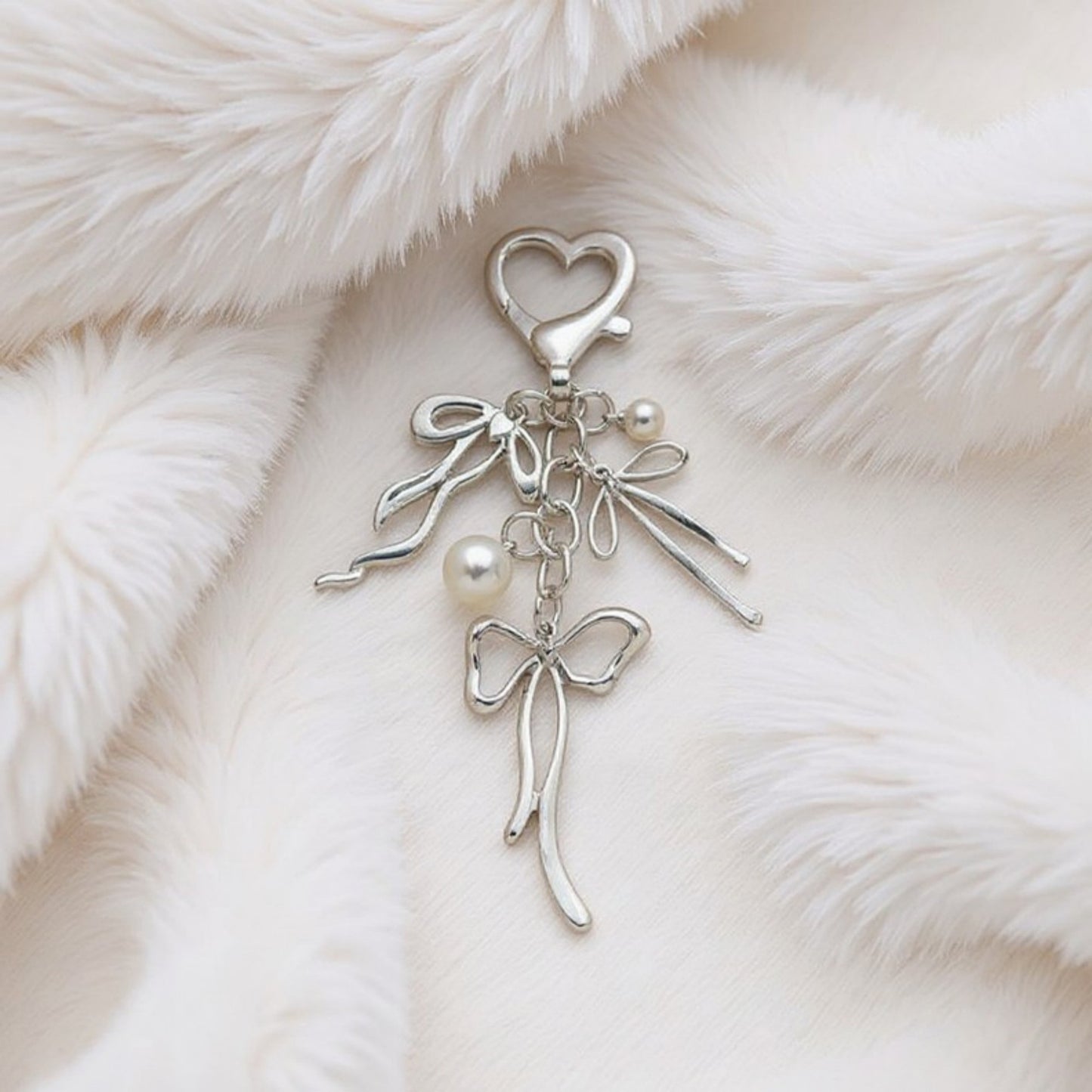 Anna-Kaci Silver Bow Keychain with Pearl Charms and Heart Clasp Accent