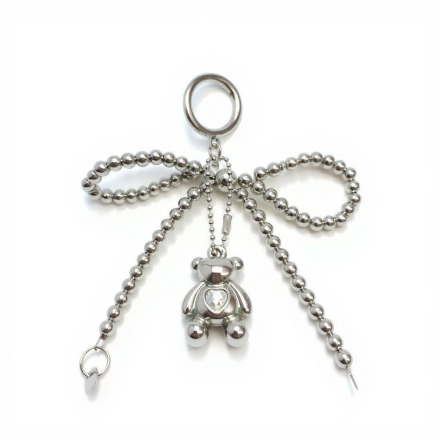 Anna-Kaci Metallic Beaded Bow Keychain with Crystal Bear Charm and Ring Accent