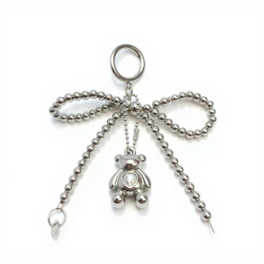 Anna-Kaci Metallic Beaded Bow Keychain with Crystal Bear Charm and Ring Accent