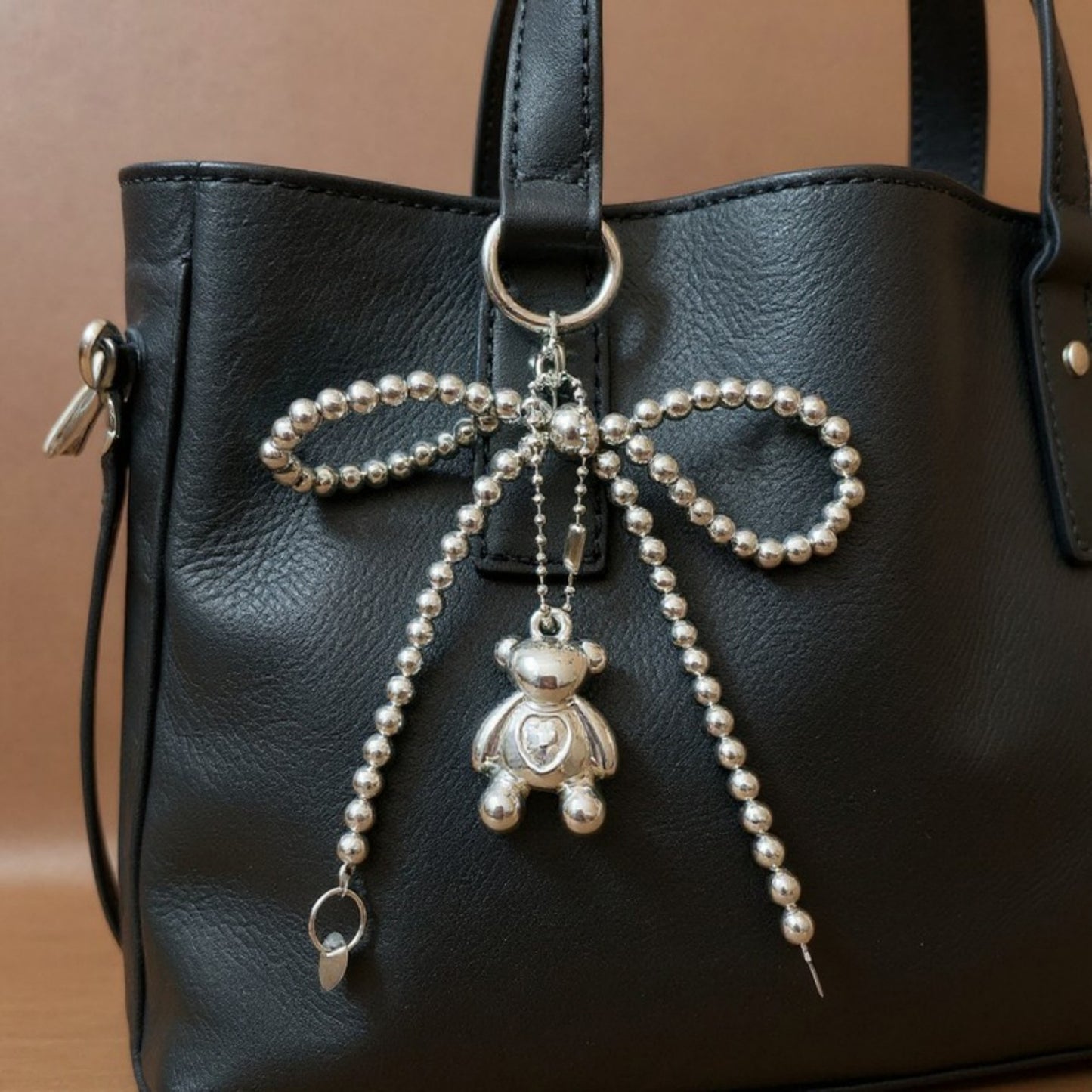 Anna-Kaci Metallic Beaded Bow Keychain with Crystal Bear Charm and Ring Accent