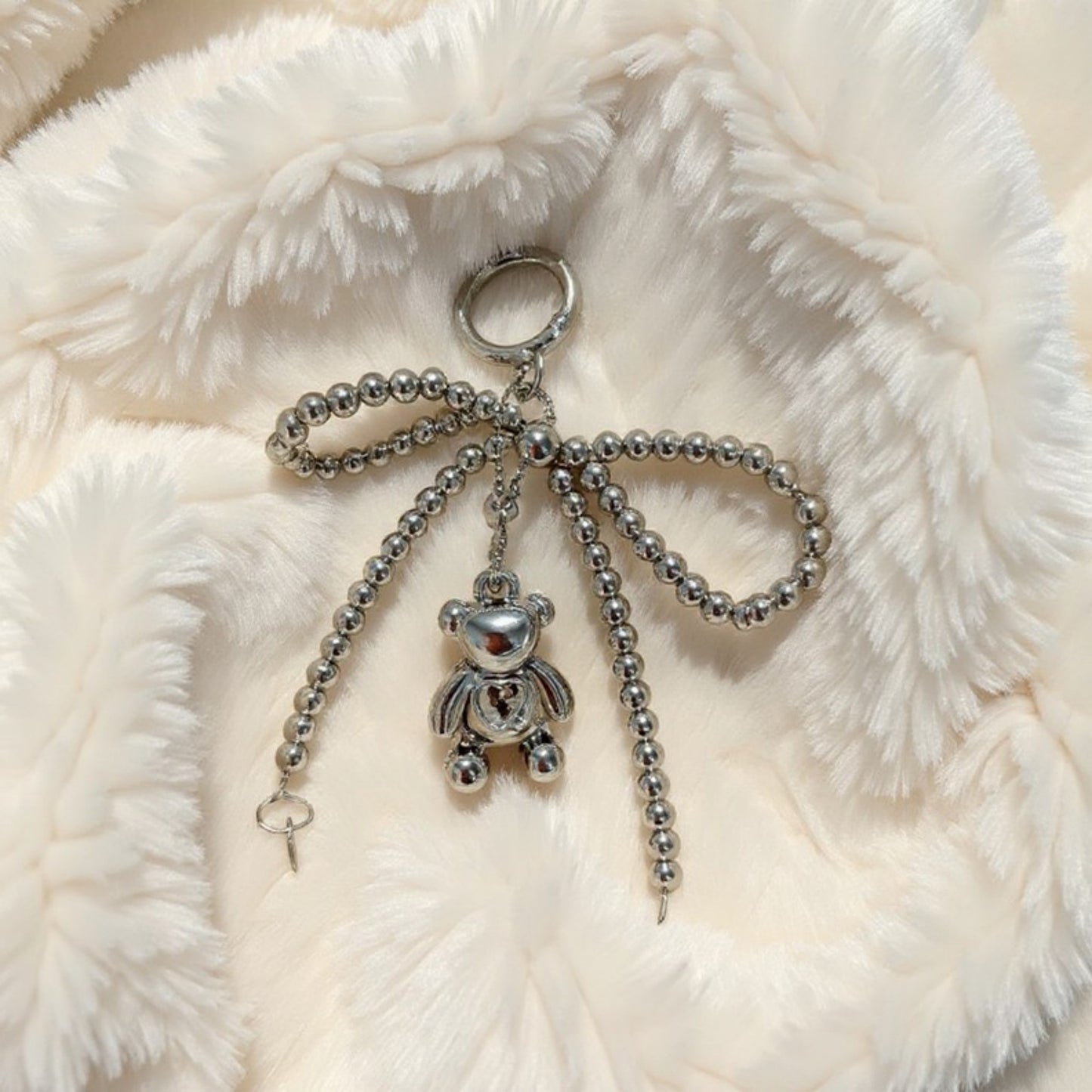 Anna-Kaci Metallic Beaded Bow Keychain with Crystal Bear Charm and Ring Accent