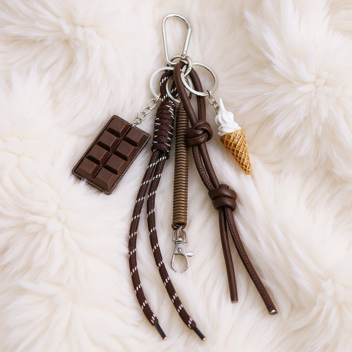 Anna-Kaci Chocolate and Ice Cream Charm Keychain with Faux Leather Straps and Metal Details