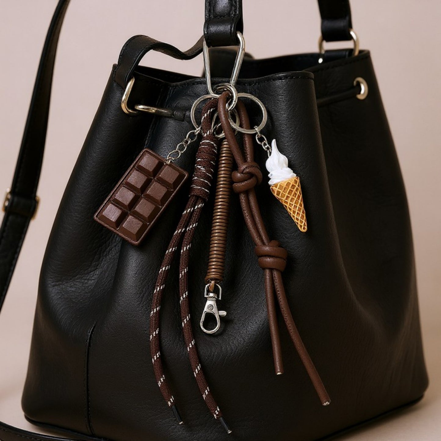 Anna-Kaci Chocolate and Ice Cream Charm Keychain with Faux Leather Straps and Metal Details