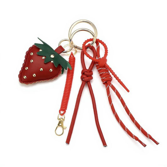 Anna-Kaci Strawberry Charm Keychain with Faux Leather Straps and Gold-Tone Details