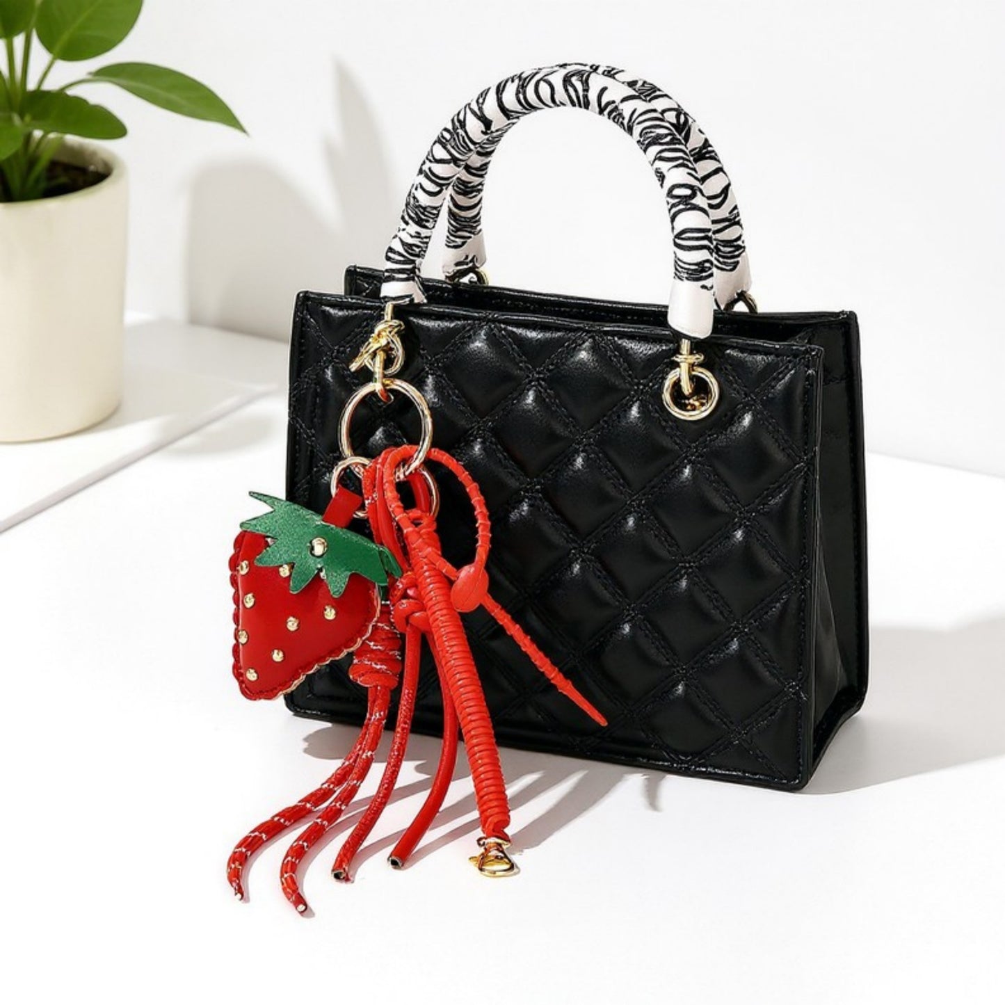 Anna-Kaci Strawberry Charm Keychain with Faux Leather Straps and Gold-Tone Details