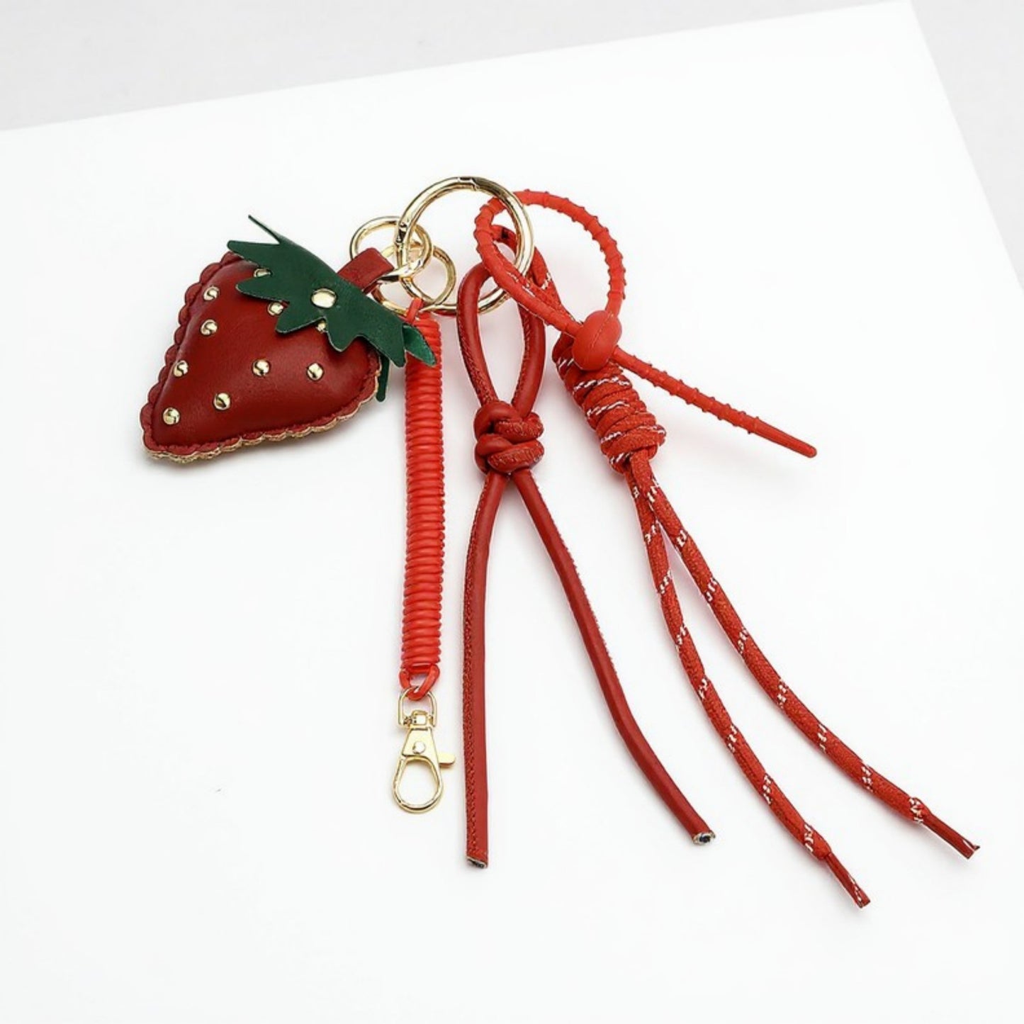 Anna-Kaci Strawberry Charm Keychain with Faux Leather Straps and Gold-Tone Details