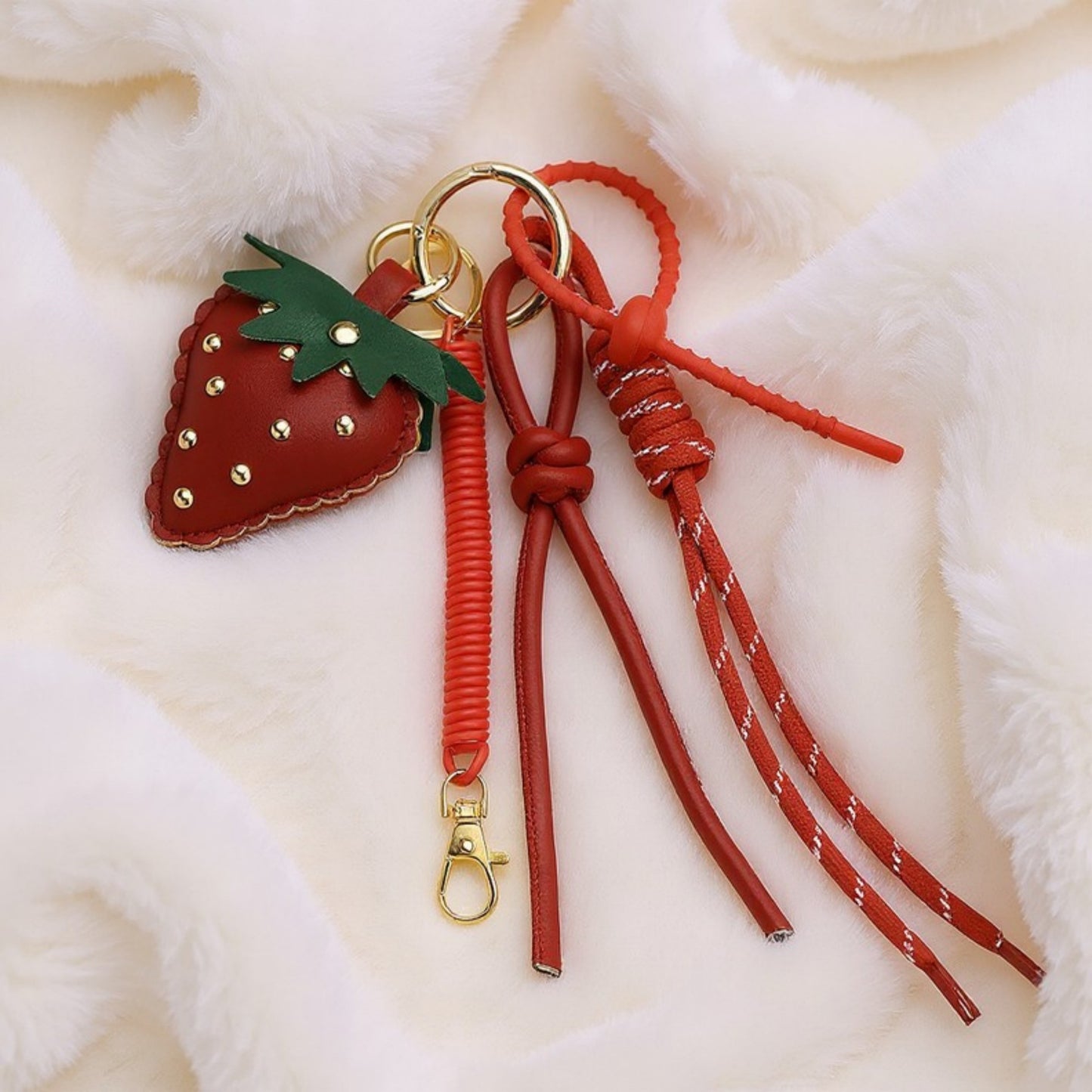 Anna-Kaci Strawberry Charm Keychain with Faux Leather Straps and Gold-Tone Details