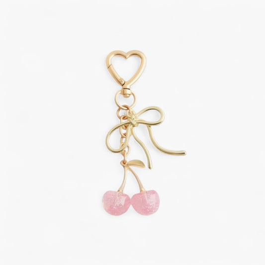 Anna-Kaci Gold Bow Keychain with Pink Cherry Charms and Heart Clasp